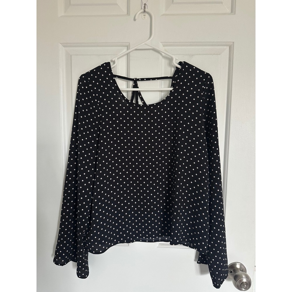 Grayson Threads BlackW/hite Polka Dot Tie‎ Back Long Bell Sleeve Top Womens S